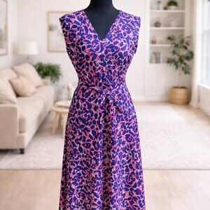 Leota Wrap Dress Navy Coral Leopard Print Size M